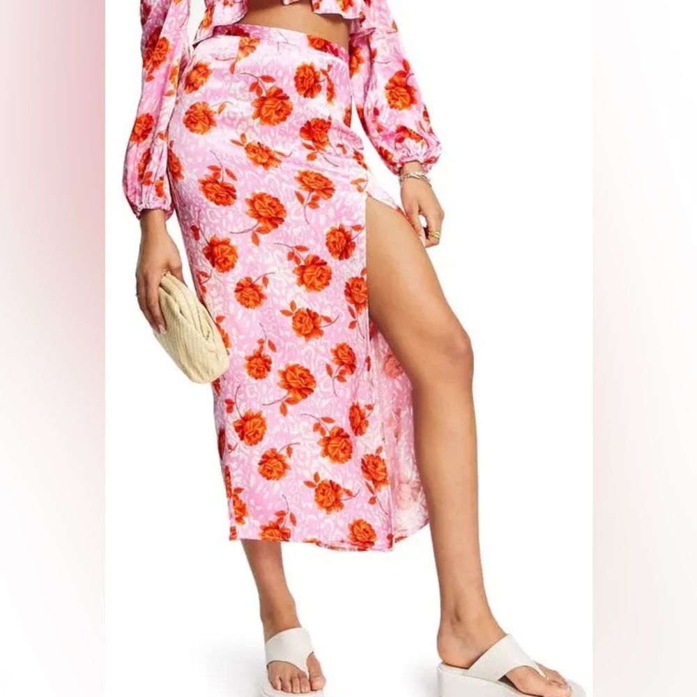 Topshop Floral Silk Midi Skirt